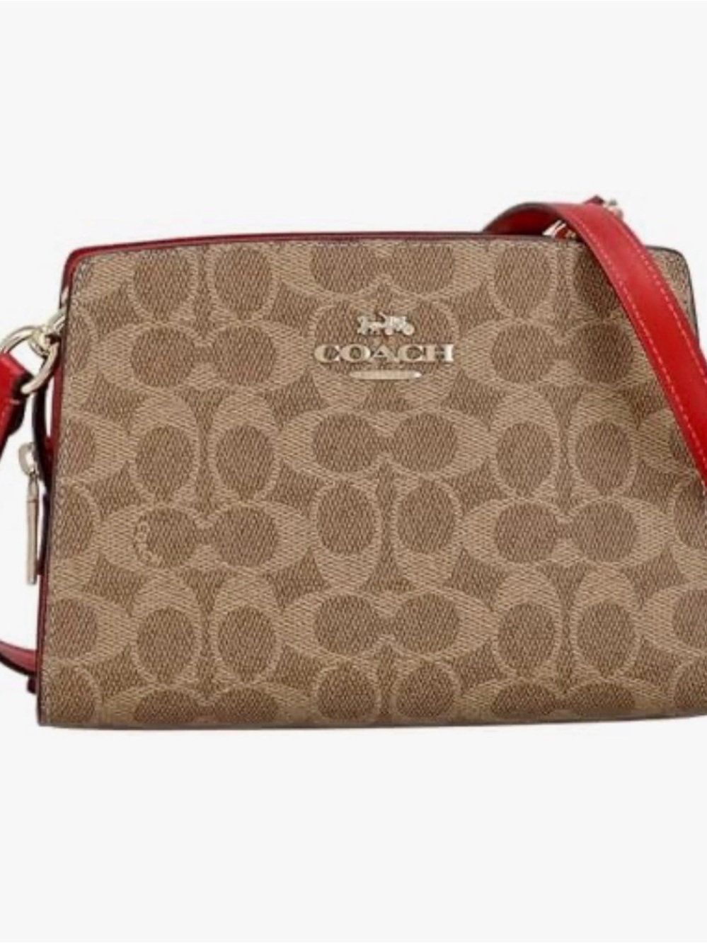 Coach Gia Brown Signature Canvas Crossbody with Red Trim